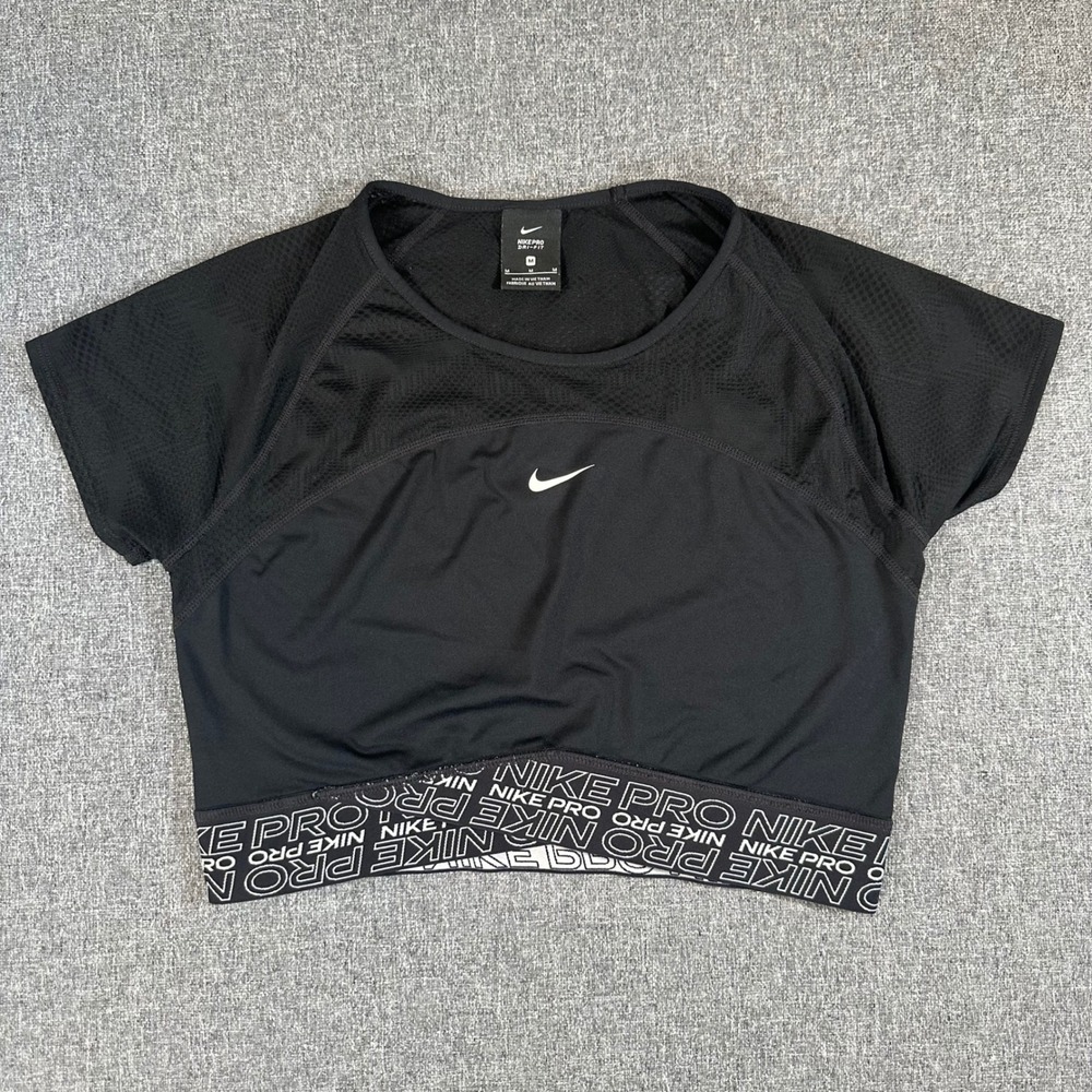 Nike Pro Dri-Fit‎ Womens Crop Top Black Mesh Short Sleeve Gym Shirt Size M